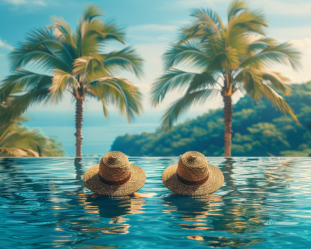 Escape to a tranquil tropical oasis, where two souls unwind in the shimmering infinity pool Swaying palm trees frame the horizon, while the mesmerizing ocean view invites serenity Lose yourself in the azure depths and experience the ultimate relaxation as you embrace the vibrant essence of paradise AI Generativeの素材