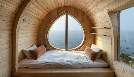 Escape into a warm and inviting wooden cabin haven, nestled amidst a breathtaking seascape The interior exudes tranquility with soft, natural hues and an abundance of light that pours in through a charmingly crafted window Soothing ocean views create a serene ambiance, inviting you to unwind and indulge in a blissful getaway AI Generativeの素材