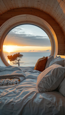 Awaken to the symphony of sunrise in this cozy sanctuary A circular window frames the panoramic ocean view, painting the room with hues of gold and blue Warm wooden accents create a serene ambiance, inviting you to savor the tranquility of nature Indulge in the perfect morning coffee, embraced by the gentle breeze and endless horizon An idyllic retreat where the beauty of nature becomes a blissful companion AI Generativeの素材
