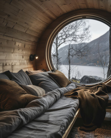Nestled amidst a tranquil forest, this cozy minimalist cabin offers a serene escape with its unique circular window framing a breathtaking lake view Step inside to a minimalist haven, where natural materials blend seamlessly, creating an atmosphere of warmth and comfort Perfect for nature lovers and those seeking solitude, this cabin provides the ultimate getaway from the daily hustle and bustle AI Generativeの素材