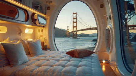 Witness an opulent RV interior adorned with plush furnishings and gleaming accents that create a symphony of comfort and style The panoramic window offers a breathtaking glimpse of the iconic Golden Gate Bridge, immersing you in a breathtaking panorama that complements the serene ambiance within Indulge in the epitome of luxury while embracing the freedom of the open road AI Generativeの素材
