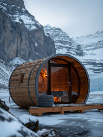 Nestled amidst snow-draped peaks, a charming cylindrical cabin exudes warmth and tranquility Its cozy interior glows invitingly through the frosted windows, promising respite from the winter wonderland outside The panoramic views of snow-laden trees and distant mountain ranges captivate, offering a serene escape in the heart of nature&#39;s wintry embrace AI Generativeの素材