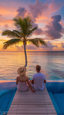 A couple strolls hand-in-hand along a secluded beach, their silhouettes cast against the vibrant hues of a setting sun Palm trees sway gently in the warm breeze, their fronds creating a picturesque frame for the moment The ocean stretches out before them, its shimmering waters mirroring the fiery sky above This tranquil evening retreat offers a breathtaking escape from the hustle and bustle of everyday life, allowing the couple to reconnect and immerse themselves in the beauty of their tropical paradise AI Generativeの素材
