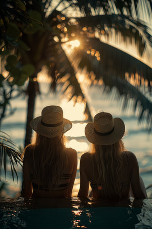 Experience the serene beauty of a tropical sunset as two women bask in the golden glow beneath the swaying palm trees With wide-brimmed straw hats casting elegant shadows and the tranquil ocean stretching out before them, this idyllic scene captures the essence of relaxation and escapism AI Generativeの素材