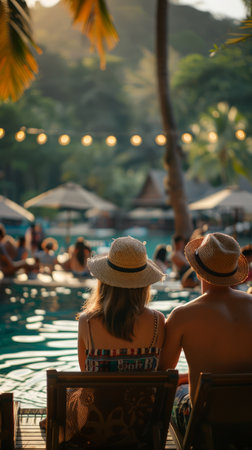 Serene Tropical Retreat Couple Relaxing by Pool Under Palm Trees with Glowing String Lights A Romantic Evening in Paradise Captured During Golden Hour AI Generativeの素材