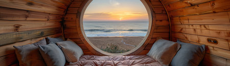 Immerse yourself in coastal serenity at this cozy wooden window nook, nestled amidst the tranquility of a breathtaking ocean sunset The warm glow of the fading sun casts a golden embrace over the tranquil waters, creating an ethereal ambiance that soothes the soul This intimate sanctuary invites you to unwind and lose yourself in the mesmerizing symphony of nature&#39;s artistry, offering a profound sense of relaxation and tranquility AI Generativeの素材