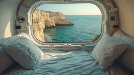 Escape to a tranquil haven in this cozy seaside bedroom Relax amidst the gentle breeze and captivating ocean view framed by a circular window Immerse yourself in serenity as the calming coastal colors and plush furnishings create a sanctuary of comfort and peace This secluded retreat, nestled atop a cliffside, offers the perfect getaway for rejuvenation and relaxation AI Generativeの素材