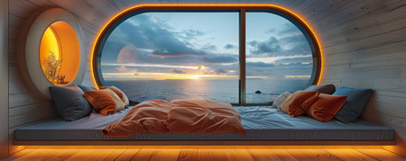 Indulge in coastal serenity with this cozy bedroom adorned with modern design A vast window frames breathtaking ocean sunsets, casting a warm glow on the plush bedding Natural wooden elements add a touch of warmth, creating an inviting atmosphere for relaxation and tranquility AI Generativeの素材