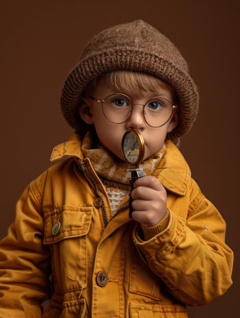 Capture the timeless charm of a young adventurer with this adorable image A child, clad in vintage attire, peers through a magnifying glass, embarking on a classic investigation or exploration The sepia-toned background evokes a nostalgic atmosphere, perfect for portraying the spirit of curiosity and discovery AI Generativeの素材