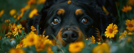 Behold the captivating gaze of an adorable dog nestled amidst a vibrant field of golden blossoms Its big, soulful brown eyes seem to beckon the viewer into a realm of serenity and innocence This picturesque tableau captures the harmonious embrace between nature&#39;s beauty and the unwavering loyalty of our beloved pets AI Generativeの素材