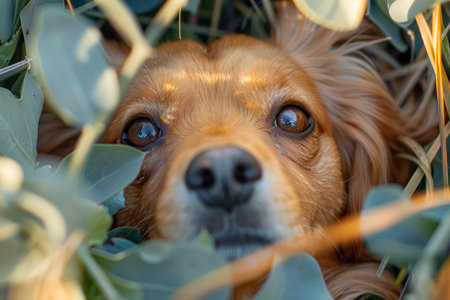 An enchanting portrait of an adorable dog nestled amidst lush greenery Its playful and curious eyes gleam through the leaves, capturing a moment of innocence and warmth The cozy foliage creates a serene and inviting atmosphere, evoking a sense of comfort and tranquility Perfect for capturing the bond between humans and their beloved companions amidst the wonders of nature AI Generativeの素材