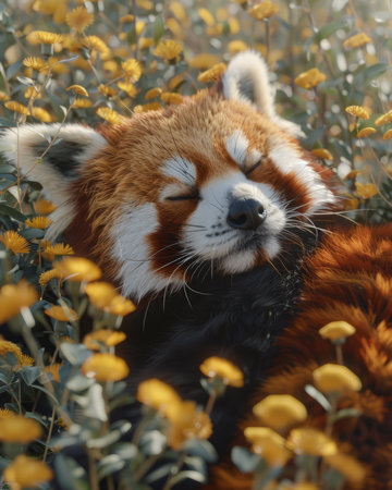 Witness the ethereal beauty of an adorable red panda basking in a tranquil field awash in vibrant yellow flowers This stunning wildlife photograph captures the serenity of nature&#39;s kingdom, showcasing the harmonious coexistence between its inhabitants The intricate details of the panda&#39;s gentle gaze and the delicate petals of the surrounding blooms create a captivating display of natural artistry AI Generativeの素材