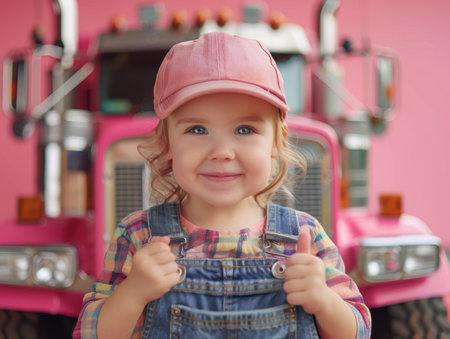 An irresistible photograph brimming with childhood exuberance! A charming little girl, clad in adorable overalls, beams with pure joy as she gives an enthusiastic thumbs up in front of a vibrant pink truck Her infectious smile and playful expression create a heartwarming image that perfectly captures the carefree spirit of youth This captivating photo exudes a playful charm that will evoke fond memories and bring a smile to any viewer&#39;s face AI Generativeの素材