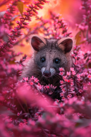 Immerse yourself in the captivating charm of nature with this stunning close-up photograph A curious raccoon, its eyes sparkling with playful innocence, perches amidst a vibrant explosion of delicate pink blossoms This enchanting image captures the beauty of animals in their natural habitat, showcasing the harmonious coexistence between wildlife and the wonders of the natural world Let this photograph transport you to a realm of tranquility and awe, reminding you of the captivating allure that surrounds us AI Generativeの素材