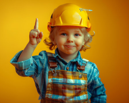 An inquisitive toddler, adorned in a construction outfit, stands against a vibrant yellow backdrop With a hard hat securing their head and plaid overalls adding a touch of charm, they raise a tiny finger, exuding curiosity and boundless imagination This playful image captures the essence of a safe and stimulating childhood play environment, where exploration and adventure know no bounds AI Generativeの素材