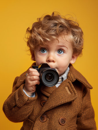 Capture the charm of childhood with this heartwarming photo of an adorable toddler adorned in a cozy brown coat Their curly hair frames a cherubic face, while their tiny hands clutch a small camera Set against a vibrant yellow background, this image exudes warmth, innocence, and a touch of artistic curiosity AI Generativeの素材