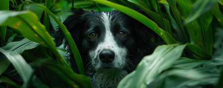 Capture the playful curiosity of a Border Collie peeking through vibrant green foliage The lush greenery creates a whimsical frame, highlighting the dog's expressive eyes and inquisitive nature The contrast between the dog's black and white coat and the rich colors of the foliage adds a touch of visual interest This enchanting photograph exudes the joy and wonder of a canine companion exploring the wonders of nature AI Generativeの素材