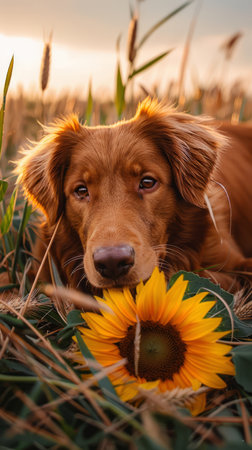Behold a serene golden retriever amidst a rustic field at sunset, adorned with a vibrant sunflower This wholesome outdoor setting captures the mesmerizing beauty of nature, creating a heartwarming and visually striking image The golden hues of the sky and the sun-kissed petals complement the retriever&#39;s warm coat, creating a harmonious blend of colors The dog&#39;s serene expression and the sunflower&#39;s proud stance convey a sense of tranquility and joy, inviting viewers to immerse themselves in the comforting embrace of the natural world AI Generativeの素材