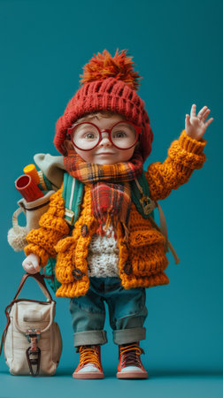 Enchante the little ones with an adorable doll showcasing winter fashion! In a heartwarming scene against a vibrant blue backdrop, the doll exudes warmth and cheer Its cozy attire, complete with a backpack and accessories, makes it an irresistible bundle of joy Charmingly waving to viewers, this image captures the essence of childhood imagination and festive spirit AI Generativeの素材