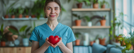 A compassionate healthcare professional stands amid verdant plants in a medical setting, cradling a vivid red heart This heartwarming image captures the essence of care, support, and unwavering dedication in the healthcare industry, promoting health, well-being, and awareness of heart health for the community AI Generativeの素材