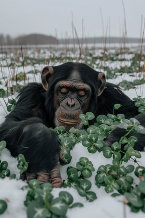 Behold the captivating spectacle of a chimpanzee, its ebony fur contrasting vividly against a pristine snow-covered field Amidst a lush tapestry of vibrant greenery, the animal lies in serene contemplation, its gaze fixed upon the wonders of nature that surround it The image captures a unique moment of tranquility, evoking a sense of awe and wonder at the harmonious coexistence of life in the wilderness AI Generativeの素材