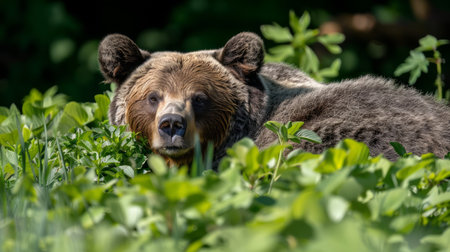 Witness the serene grandeur of a majestic brown bear as it slumbers peacefully amidst verdant foliage Captured in a close-up, this stunning photo reveals the rich textures of the bear&#39;s fur and the vibrant hues of its leafy surroundings The bear&#39;s relaxed posture and tranquil expression create a sense of tranquility, inviting viewers to immerse themselves in the beauty of nature AI Generativeの素材