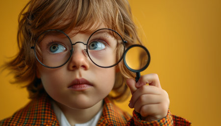 Immerse in the vibrant world of a curious child, eyes sparkling behind round lenses A magnifying glass in hand, they ignite their imagination with an unyielding thirst for discovery Against an energizing orange backdrop, their playful exploration unleashes the boundless joys of learning and the boundless wonders of the world AI Generativeの素材