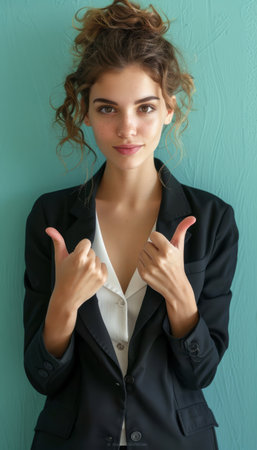 A self-assured professional exudes confidence and competence, standing against an aqua backdrop Her unwavering determination is evident in her approving thumbs-up gesture, symbolizing success, empowerment, and unwavering determination This image captures the essence of a capable woman thriving in the business world AI Generativeの素材