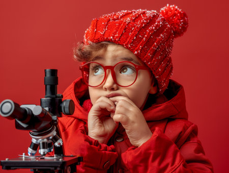 An inquisitive child, bundled in vibrant crimson winter attire, peers intently through a microscope Their eyes gleam with wonder and curiosity as they explore the microscopic marvels revealed against the backdrop of a vivid red background, their imagination soaring through a world of hidden wonders AI Generativeの素材