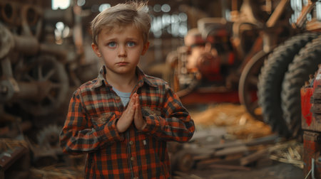 Capture the essence of childhood innocence amidst the rustic beauty of a barn A young child stands serenely, hands clasped, surrounded by weathered farm machinery and organic textures This image embodies the simplicity and tranquility of rural life, showcasing the purity and wonder found in the natural world AI Generativeの素材