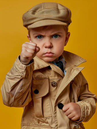 A resolute young child standing tall in a tan trench coat, their gaze unwavering against a vivid yellow backdrop The determined expression on their face reflects an unyielding spirit and boundless strength, conveying a powerful message of perseverance and resilience AI Generativeの素材