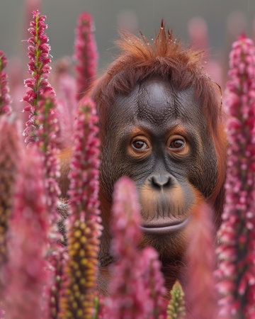 Immerse yourself in the captivating gaze of an inquisitive orangutan peering through a kaleidoscope of vibrant pink flowers This breathtaking image, captured in the heart of the rainforest, invites viewers to connect with the wonders of wildlife while highlighting the importance of conservation and educating future generations about the delicate balance of nature AI Generativeの素材