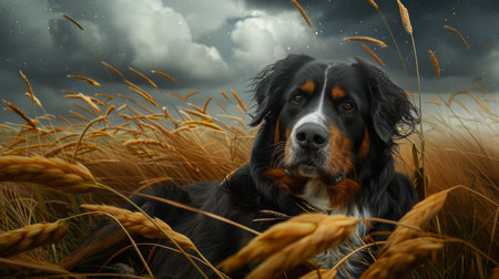 A majestic Bernese Mountain Dog stands tall amidst a serene wheat field, its tricolor coat shimmering against the golden stalks The sky above rages with a dramatic storm, but the dog remains unperturbed, its gaze unwavering This captivating image captures the harmony between canine beauty and the untamed power of nature, creating a symphony of natural wonder AI Generativeの素材