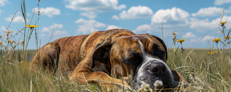 A serene haven of tranquility unfolds as a majestic Boxer dog basks in the golden embrace of a sunlit meadow Against a backdrop of azure skies adorned with cotton-like clouds, this gentle giant emanates a palpable sense of peace and contentment Amidst the tapestry of vibrant wildflowers, the Boxer&#39;s slumber is a testament to nature&#39;s soothing embrace, whispering a symphony of serenity that resonates through the frame AI Generativeの素材