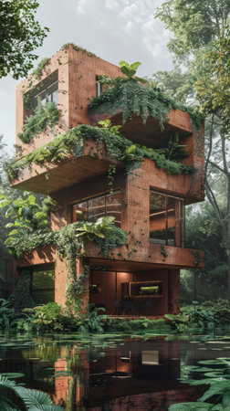 Immerse yourself in a verdant oasis with this stunning modern sustainable architecture Vertical urban jungle house seamlessly blends indoors and outdoors, featuring lush greenery, vertical gardens, and a tranquil pond reflecting nature&#39;s tranquility Eco-friendly design and natural elements create a haven of serenity and harmony, fostering a connection with the environment in the heart of the city AI Generativeの素材
