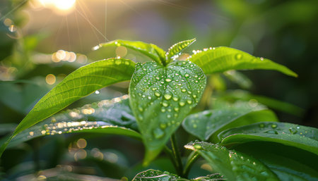 Behold the serene beauty of nature as morning dew adorns lush green leaves Bathed in golden sunlight, each translucent droplet reflects the radiant glow of a new day, capturing the essence of tranquility and freshness Immerse yourself in the verdant garden setting, where the brilliance of nature inspires a sense of rejuvenation and peace AI Generativeの素材