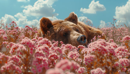 Behold the awe-inspiring sight of a majestic brown bear basking amidst a vibrant tapestry of wildflowers Under a cloudless azure sky, the bear lounges serenely, its massive frame contrasting against the delicate blossoms The earthy tones of the beast blend harmoniously with the colorful blooms, creating a breathtaking symphony of nature Capture the essence of this tranquil scene in a captivating photograph that showcases the beauty of the wild AI Generativeの素材