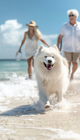 Witness the boundless joy of a playful Samoyed on a sun-kissed beach Its fluffy white coat sways in the ocean breeze as it bounds through the sand, surrounded by a loving family Laughter fills the air as they race along the shore, capturing the essence of carefree summer days by the sea AI Generativeの素材