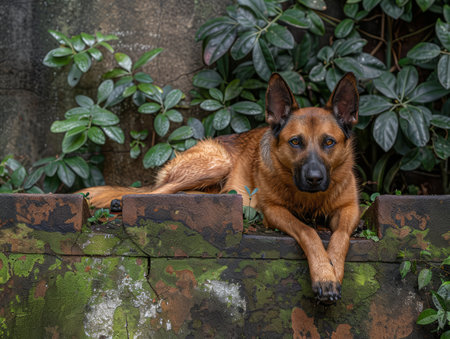 Tranquil repose meets canine loyalty as a majestic German Shepherd rests atop a mossy wall, surrounded by lush greenery Its gentle gaze and relaxed posture evoke a sense of serenity, capturing the harmonious bond between a loyal companion and the tranquility of nature AI Generativeの素材