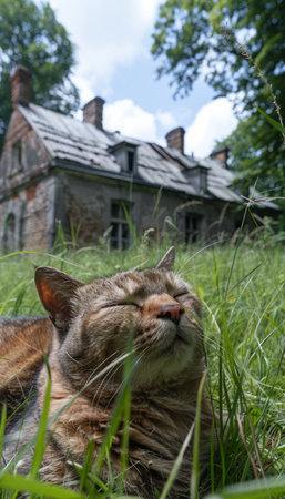 Tranquility unfolds in a sun-drenched meadow, where an elegant cat slumbers amidst tall, overgrown grass An ancient, abandoned cottage stands silently in the background, its weathered walls enveloped by vibrant greenery The lush foliage creates a serene backdrop for the cat&#39;s peaceful slumber, offering a glimpse into the harmony between nature and solitude AI Generativeの素材