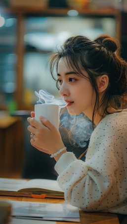 Serene Moment A Woman Enjoying a Warm Drink in a Cozy Environment Amidst Soft Lights and Wooden Elements AI Generativeの素材