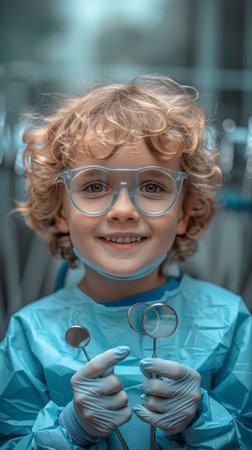 Capture the warmth and expertise of a compassionate dentist ensuring a positive dental experience for children Showcase their infectious smile and protective gear, creating a reassuring and friendly atmosphere Highlight the dental instruments in their hands, symbolizing their dedication to providing gentle and playful care AI Generativeの素材