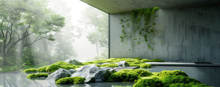 Immerse yourself in a tranquil haven where nature and architecture harmoniously intertwine This modern Zen garden exudes serenity, with minimalist design embracing the interplay of moss, stone, and negative space The verdant tapestry of moss carpets the ground, creating a captivating contrast against the angular lines of the architecture As sunlight filters through the canopy, casting intricate shadows, you'll find solace in the serene ambiance of this urban oasis AI Generativeの素材