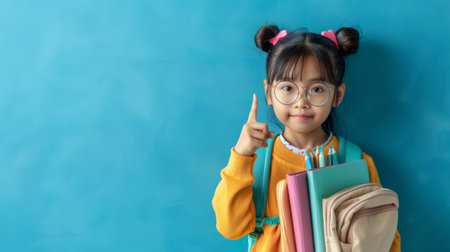 An adorable young schoolgirl stands confidently against a vibrant blue backdrop, her petite frame emanating an aura of intelligence Her inquisitive gaze is enhanced by shimmering glasses, while her vibrant yellow sweater exudes warmth and enthusiasm With her charming pigtails adorned with cheerful pink bows, she proudly holds an index finger aloft, symbolizing her eagerness to embark on a journey of learning and discovery This image captures the essence of the "back to school" concept, showcasing the excitement and boundless potential that lie ahead for this young scholar AI Generativeの素材