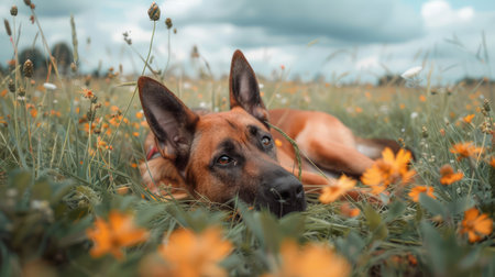 Tranquil German Shepherd lounges in a vibrant meadow, its serene gaze lost in the vast expanse Verdant grass yields to a kaleidoscope of wildflowers, their hues dancing under the soft glow of a clouded sky The shepherd&#39;s pose embodies tranquility, a reflection of the harmonious moment shared between nature and its watchful guardian AI Generativeの素材