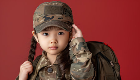 Capture the undeniable charm of a young patriot in this adorable photograph A precious child, decked out in camouflage attire, exudes pride and exuberance against a vibrant red backdrop Her innocent gaze and engaging smile convey a heartwarming expression of love for country Perfect for showcasing patriotism or capturing the playful spirit of childhood AI Generativeの素材