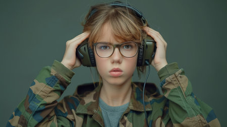 A pensive young teen adorned with spectacles and a rugged camouflage jacket immerses themselves in a musical sanctuary through the sanctuary of headphones The image captures the solitary solitude of teenagehood as they lose themselves in the rhythm, their gaze lost in contemplation AI Generativeの素材