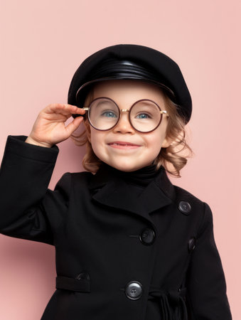 - A fashion-forward child exudes confidence in a stylish black outfit, donning eyeglasses and a cap against a vibrant pink backdrop, capturing the essence of urban chic

- A mini fashionista strikes a cool pose in an all-black ensemble, accessorized with trendy glasses and a sporty cap, setting the stage for stylish kiddie photography

- With an air of sophistication, a young style icon poses against a vibrant pink background, showcasing their impeccable taste in fashion and accessories, inspiring the next generation of trendsetters AI Generativeの素材
