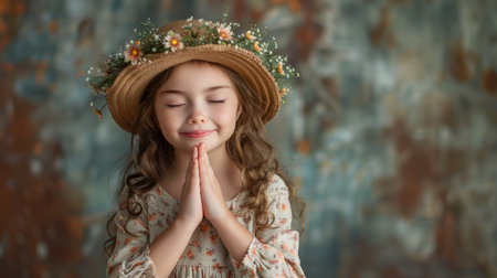 A captivating portrait of a young girl, adorned in a whimsical floral hat, exudes innocence and serenity Her gaze meets the lens with a gentle innocence, while the artistic background adds a touch of ethereal beauty The playful patterns and vibrant colors create a joyful and enchanting atmosphere, perfectly capturing the carefree spirit of childhood AI Generativeの素材