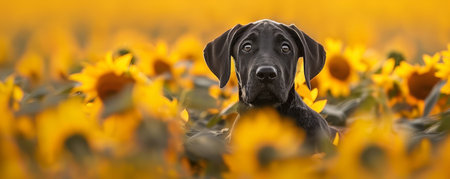 A delightful portrait of a playful black puppy frolicking amidst a sea of vibrant sunflowers, bathed in the warm embrace of a sun-kissed day The puppy&#39;s playful antics are framed by the golden petals of the sunflowers, creating a symphony of joy and nature&#39;s beauty that radiates warmth and tranquility AI Generativeの素材